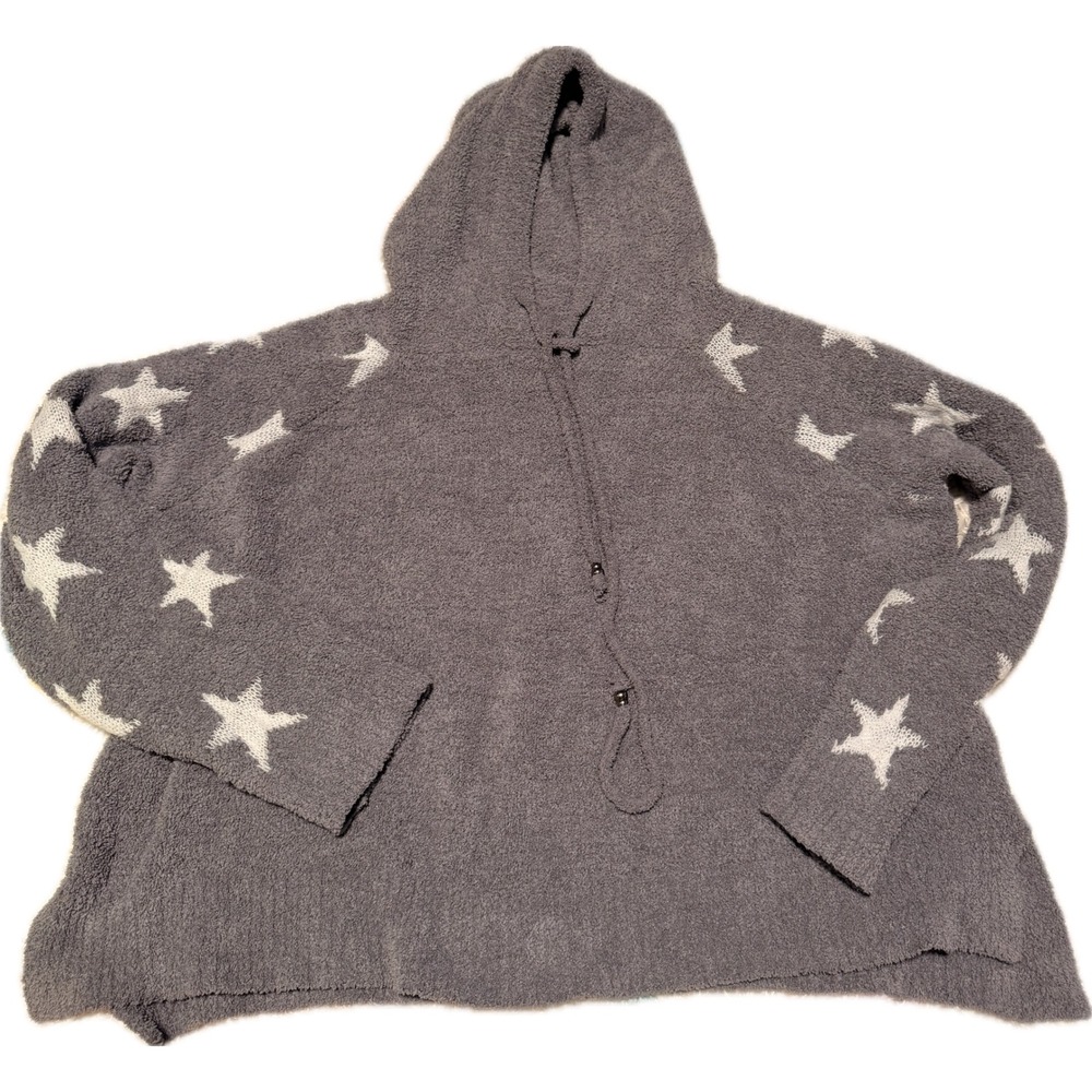 POL Clothing Star Print Fuzzy Knit Hoodie Charcoal Gray Oversized Pullover M